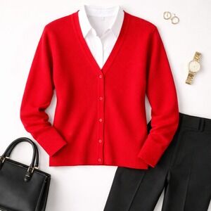 Knitwear Heathered Red Wool Blend Ribbed Button Front Cardigan Sweater Womens XL